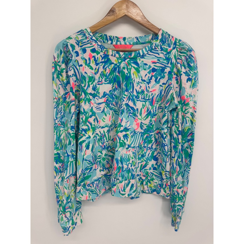 Lilly Pulitzer Jansen Sweatshirt Women M Blue Ibiza Cabana Cocktail Tropical